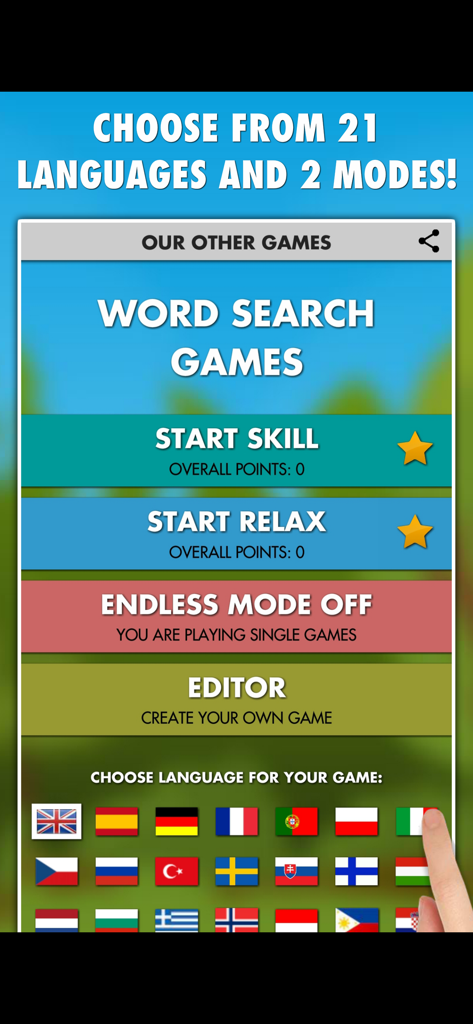 Word Search Games PROのメニュー。スキルモードとリラックスモード、およびさまざまな国の国旗が表示された言語選択が表示されます。