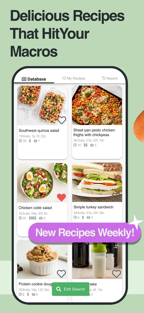 StrongrFastr Diet+Fitness AI - Strongr Fastr app interface showing a database of healthy recipes with calorie and macro details