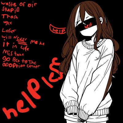 manga teen girl  in a sweater and baggy pants