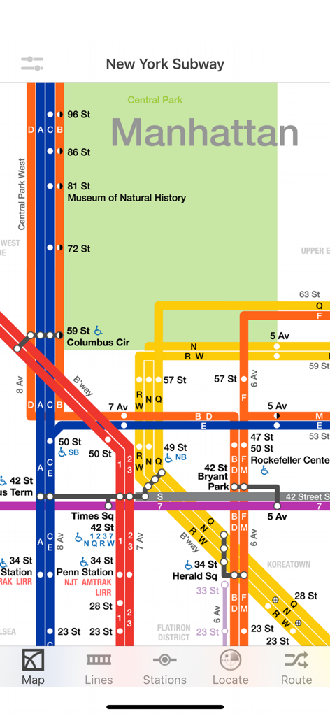 Mapa digital das linhas e estações de metrô da cidade de Nova York em Manhattan.