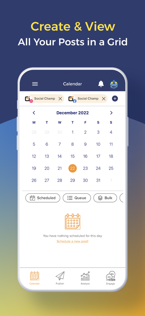 Social Champ: Social Media App - Social Champ mobile app calendar interface for scheduling social media posts in a grid view