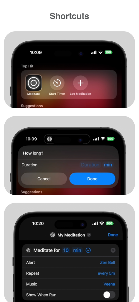Meditate - Mindfulness app - iPhone screens demonstrating the Meditate app integration with iOS Shortcuts and Siri.