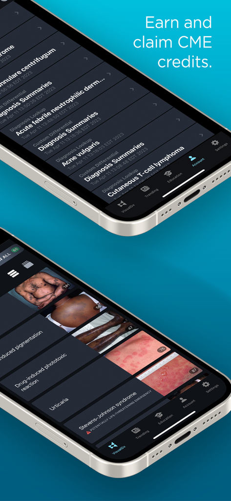 VisualDx - Pantallas de la aplicación VisualDx que muestran resúmenes de diagnóstico médico e imágenes de dermatología clínica