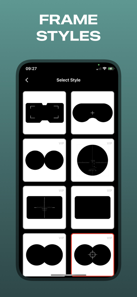 Binoculars - Zoom photo Camera - Interface showing various binocular and telescope viewfinder frame styles