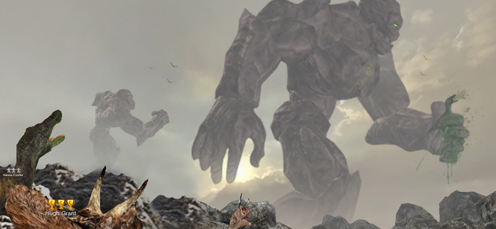 A giant stone monster and dinosaurs in a misty environment