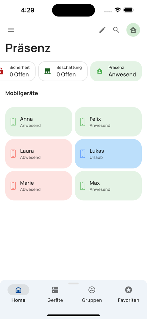 everHome - EverHome app interface showing real-time presence status of family members and home security summary