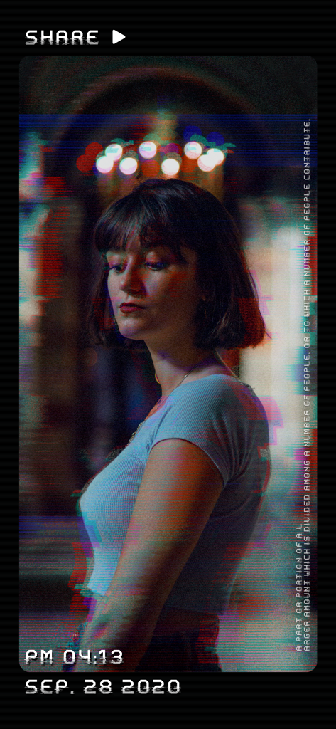 Portrait of a woman with a vintage VHS glitch filter and digital date stamp