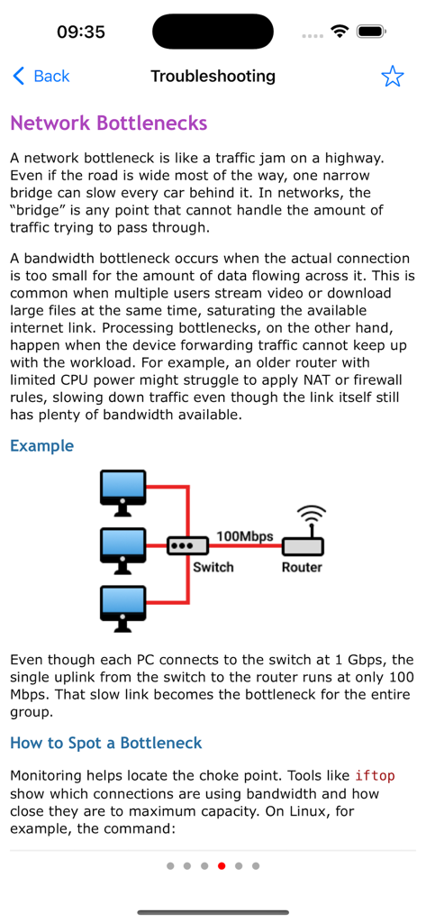 Learn Computer Networking - Troubleshooting lesson on network bottlenecks with a diagram showing a switch and router connection