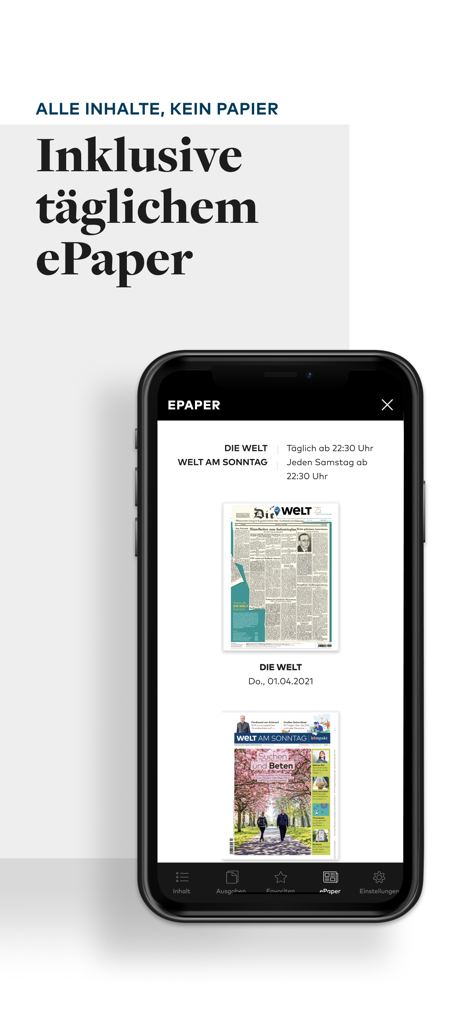 Pantalla de smartphone mostrando la interfaz de la aplicación WELT Edition con ediciones de periódicos digitales