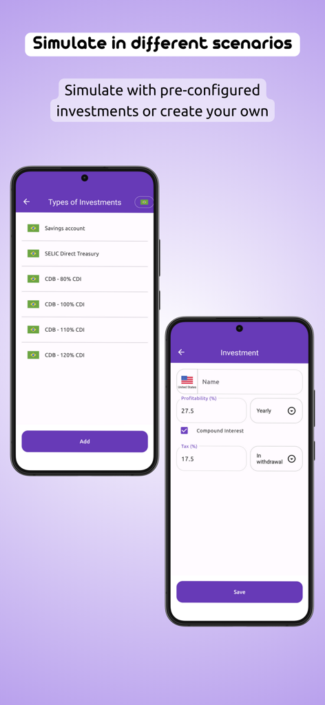 App interface for selecting investment types and configuring custom interest and tax rates for simulations