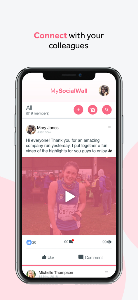 A smartphone displaying the Actimo social wall where employees can post updates and connect with colleagues.