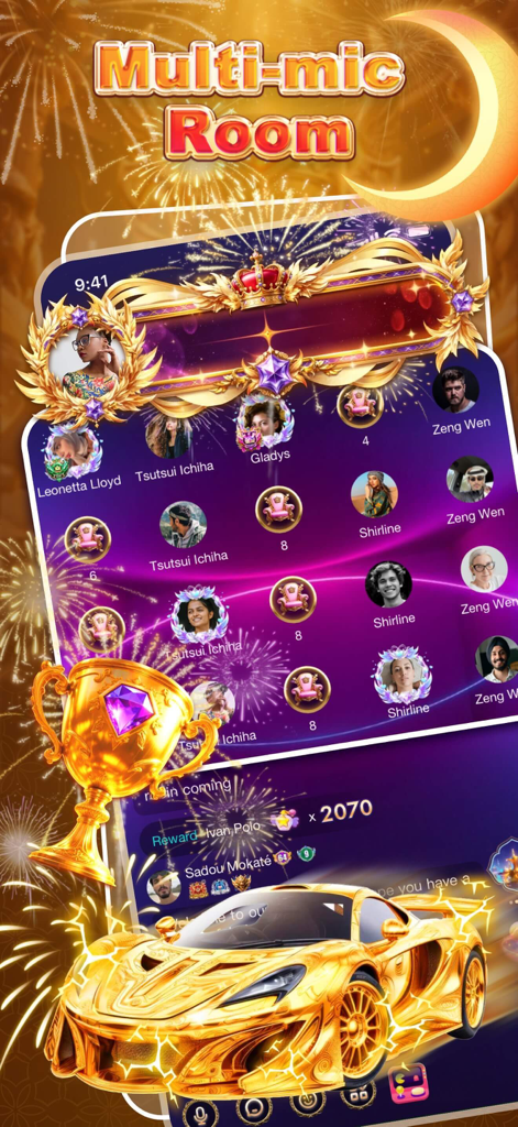 UME- Group Voice Chat Rooms - Interfaccia dell'app UME che mostra una stanza di chat vocale di gruppo multi-microfono con premi virtuali e profili utente.