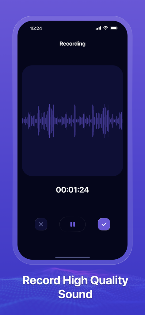 iPhone screenshot showing the Audacity Audio Record app recording interface with a sound waveform and timer