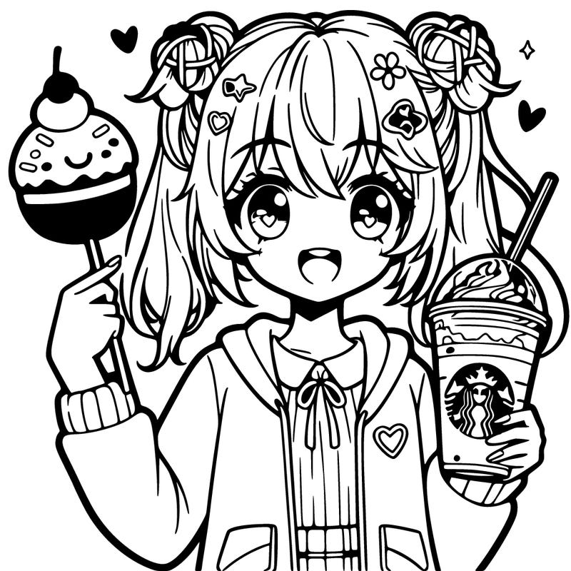 anime girl with a starbucks drink and cake pop