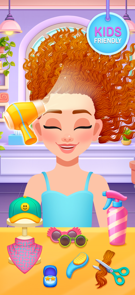 A cartoon girl getting her hair styled with a hairdryer in a kids hair salon game featuring various accessories and tools