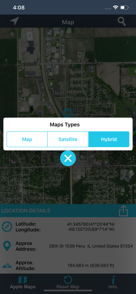 Find My Location details - Find My Location app showing map type selection and GPS coordinate details