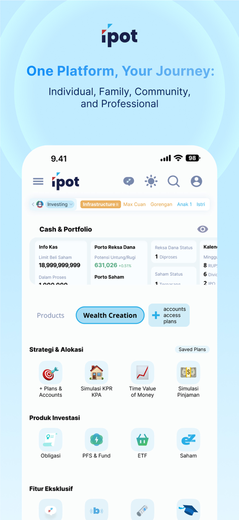 IPOT mobile app dashboard showing cash portfolio and investment products including stocks and bonds.