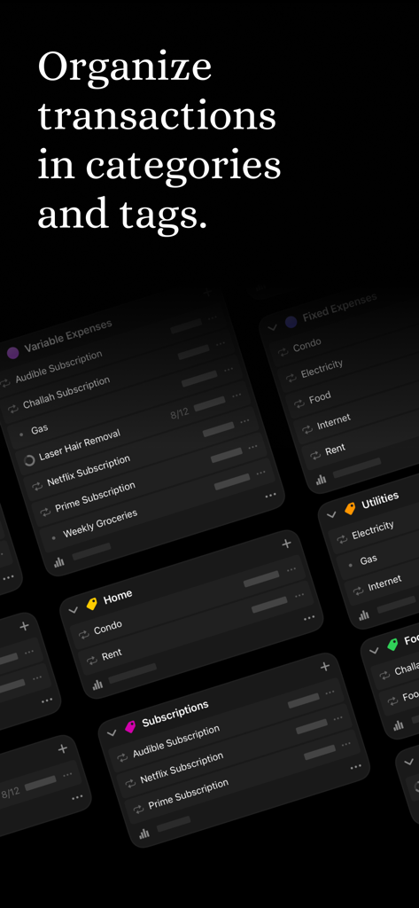 Cashboard Expense & Budget - A screenshot showing how to organize transactions in the Cashboard app using categories like Fixed Expenses, Home, Utilities, and Subscriptions.