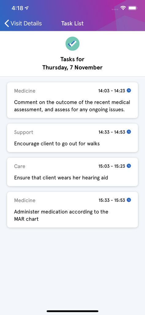 Cera Care - Cera Care app screen displaying a list of caregiving tasks and medication schedules for a professional carer