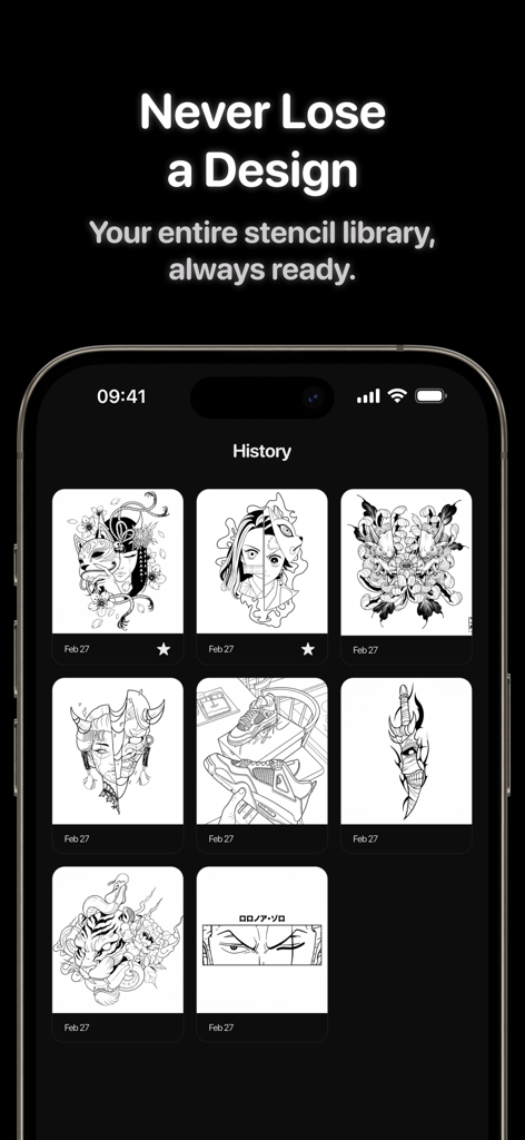 Stencil AI - Photo to Stencil - A mobile screen showing a history gallery of generated black and white tattoo stencil designs in the Stencil AI app.