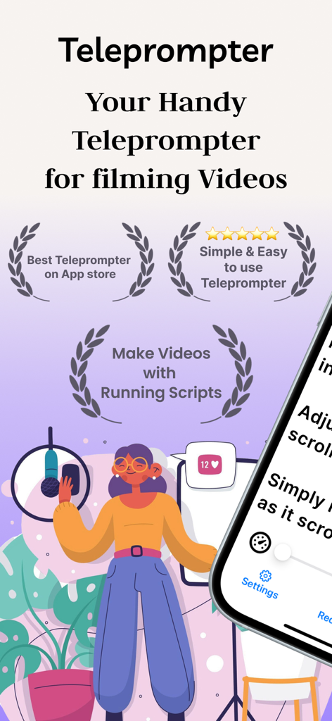 Floating Notes Teleprompter - Illustrazione di un content creator che utilizza l'app Teleprompter Note Fluttuanti per la produzione video.