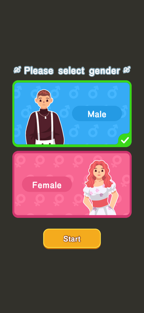 Gender selection screen in My Way My Life simulation game showing male and female character options.