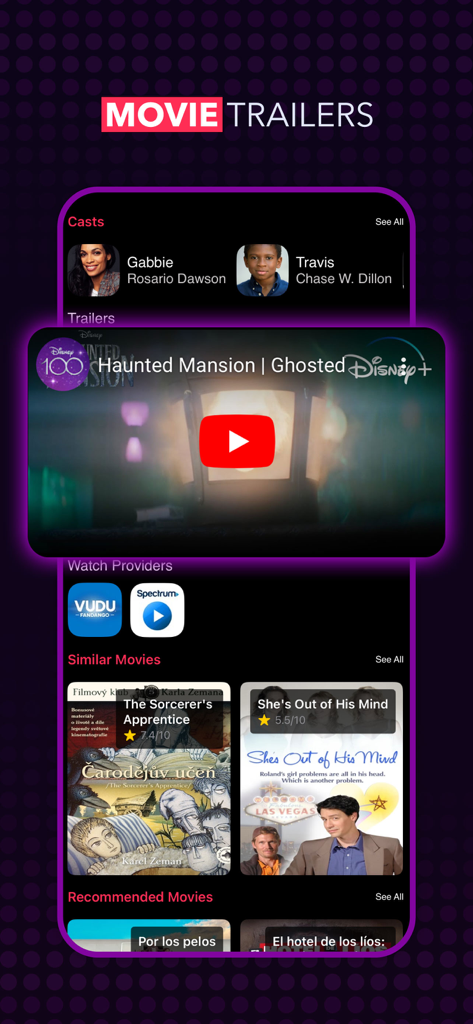 Mobile app screen showing movie trailers cast information and streaming service providers.