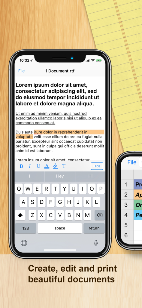 Documents Office Docsアプリのテキストエディタと書式設定ツールが表示されたiPhone画面。