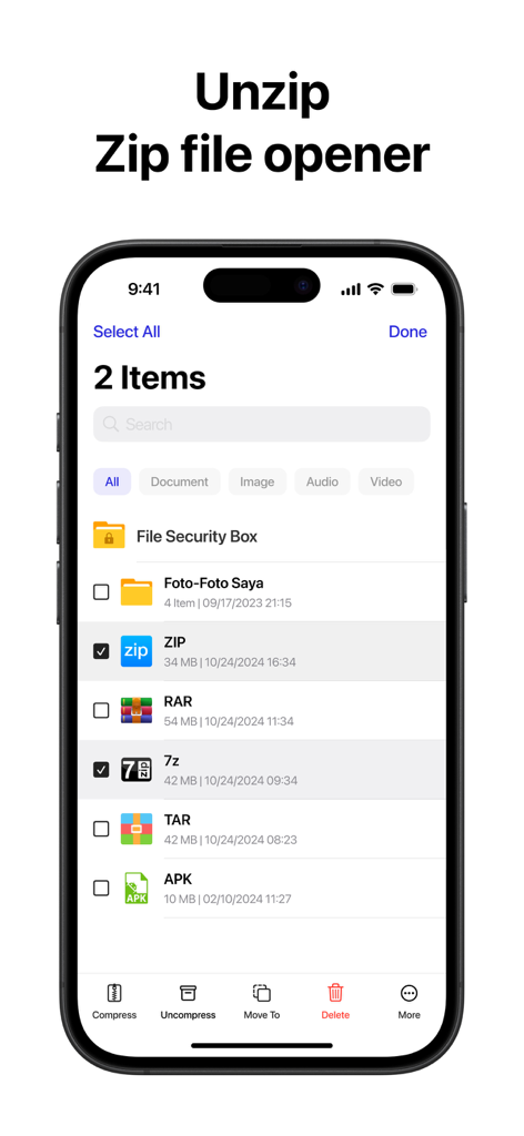 Zip & RAR & 7z File Extractor - Capture d'écran iPhone de l'application d'extraction de fichiers Zip et RAR montrant une liste de fichiers compressés avec des options pour décompresser ou supprimer