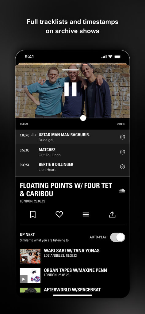 NTS Radio app interface displaying a music archive show with full tracklists and timestamps.