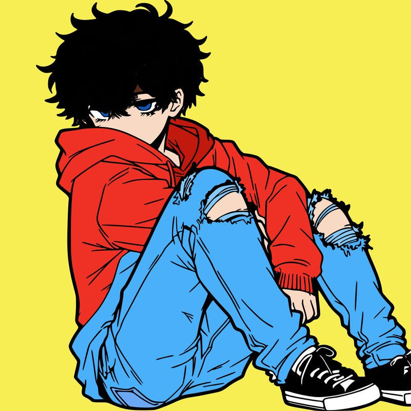 a male hoddie ripped jeans messy hair anime