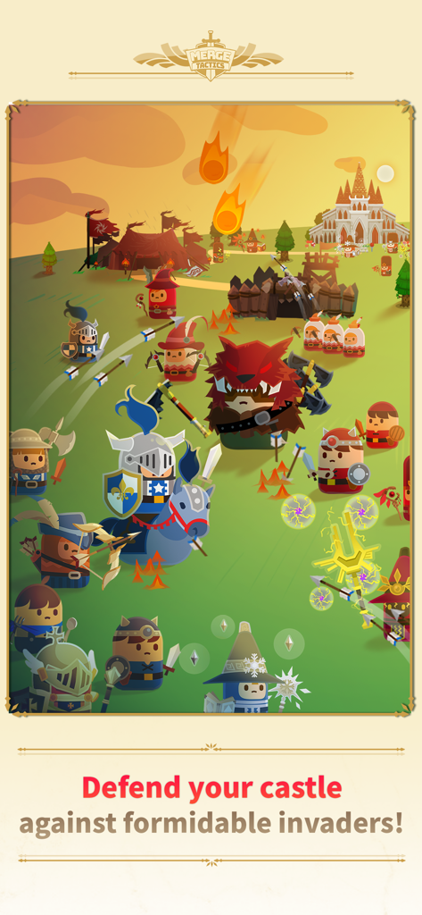 A battle scene in Merge Tactics showing various units defending a castle against a giant wolf boss and other invaders.