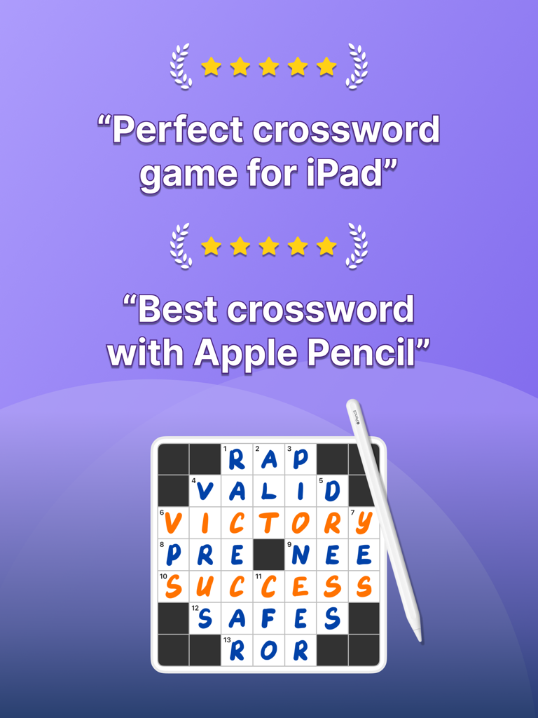 Cuadrícula de crucigrama en iPad con escritura a mano de Apple Pencil y reseñas de usuarios con cinco estrellas