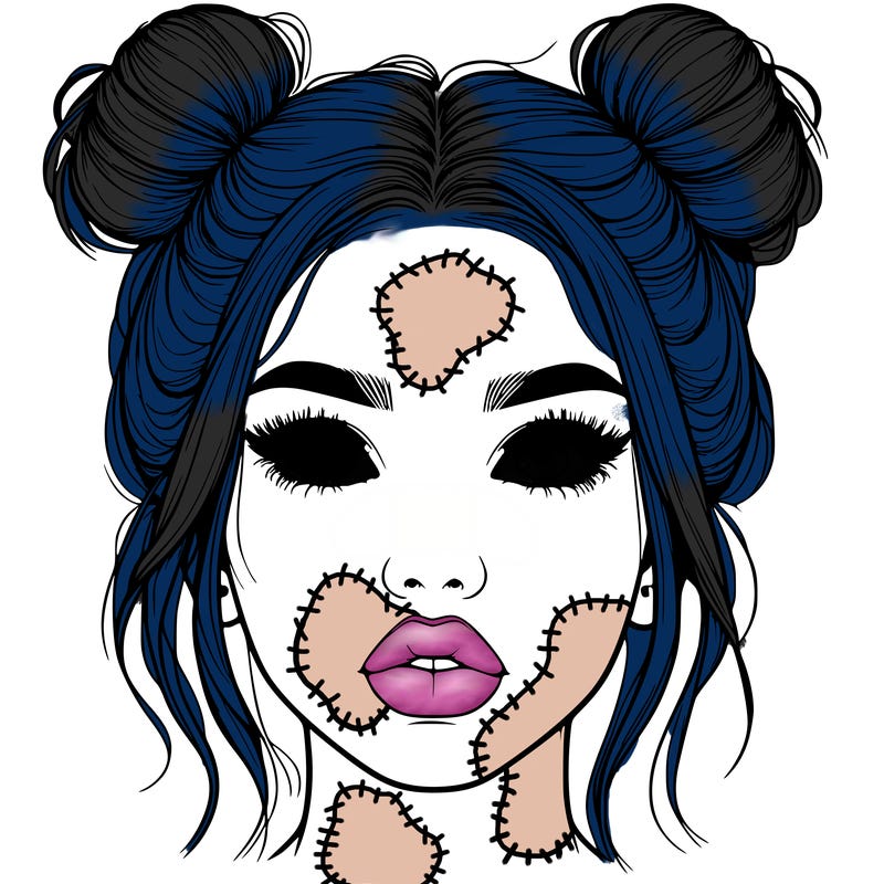 realistic girl with two buns on her hair and lips