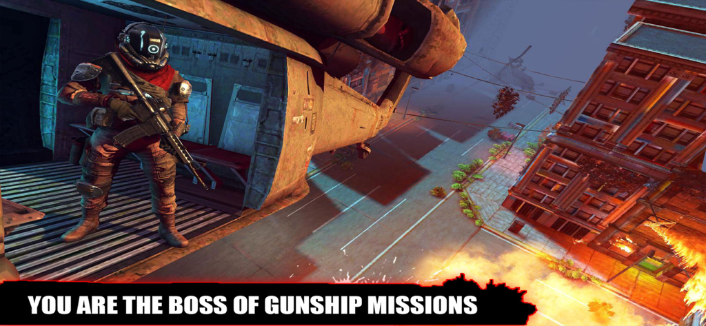 Zombie Survival Dead Shooting - A soldier with a rifle standing in a helicopter flying over a burning city