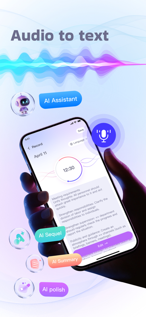 Smartphone displaying the audio to text transcription feature of the InstaWrite AI app