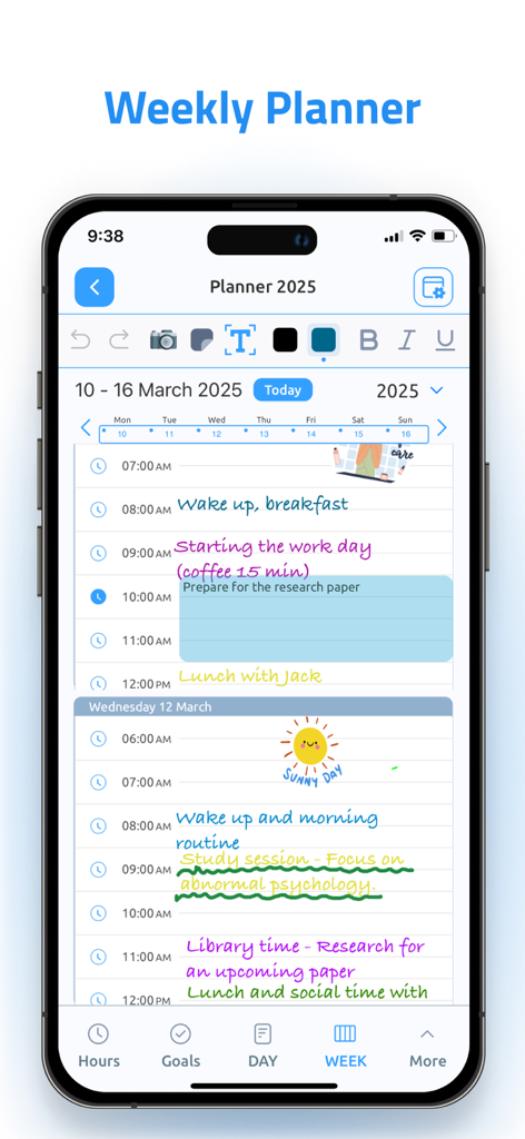 Digital Planner & Calendar Pro - iPhone screenshot showing the Weekly Planner view of the Digital Planner app with handwritten notes and aesthetic task organization.