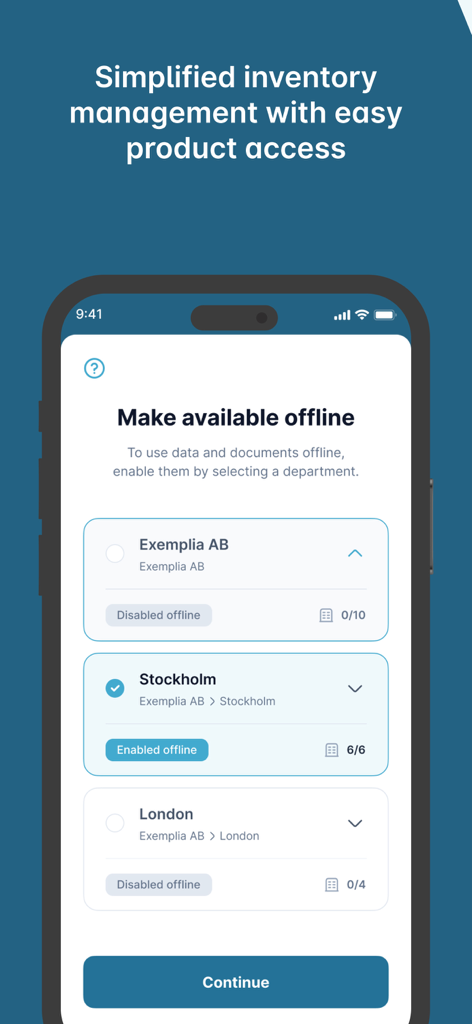 iChemistry - A mobile screen from the iChemistry app showing the settings to make chemical inventory and safety documents available offline for different business locations.
