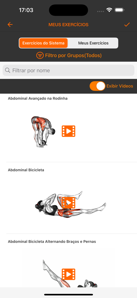 Avaliação Física PRO - Workout prescription screen displaying abdominal exercises with anatomical muscle maps and video icons
