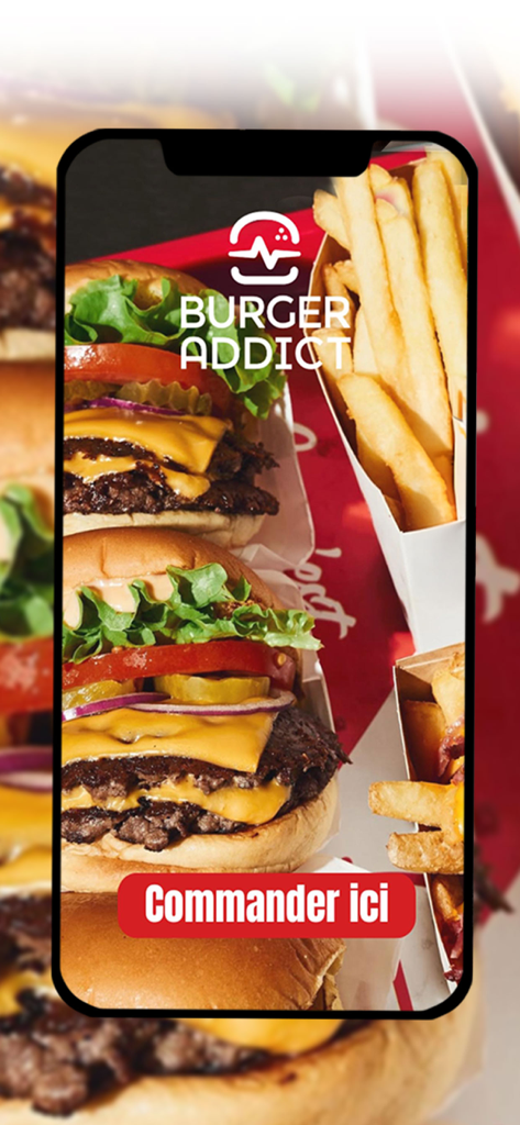 Burger Addict - Burger Addict mobile app interface showing delicious burgers fries and a red order button