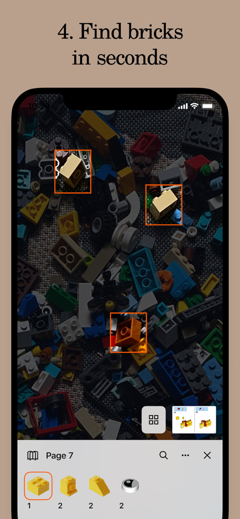 Brickit app interface showing the AI scanner highlighting specific bricks in a pile to help with building