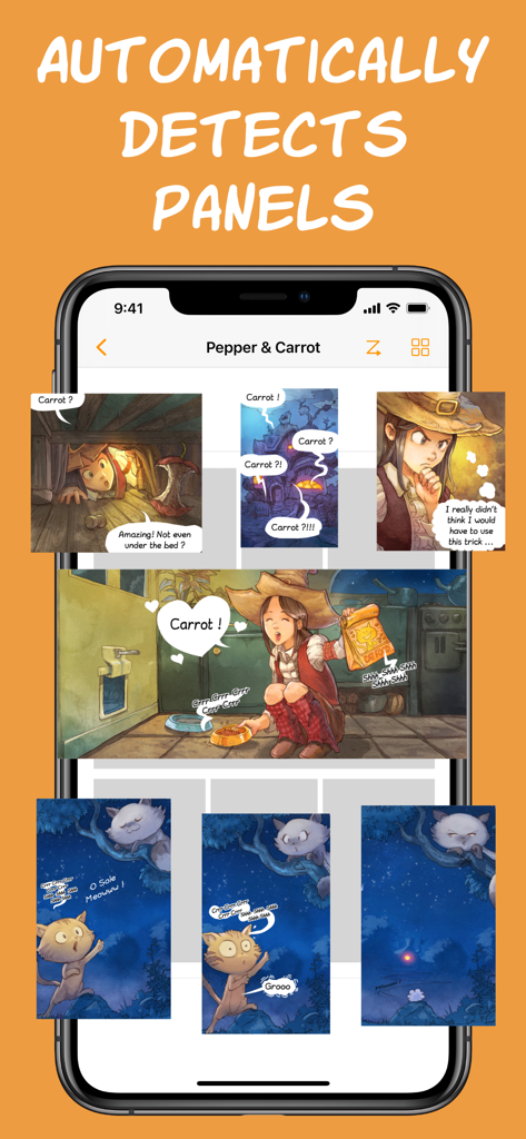 Smart Comic Reader - Pantalla de iPhone mostrando detección automática de viñetas para cómics y manga digitales