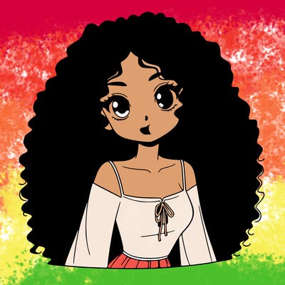 a black anime girl with long afro hair