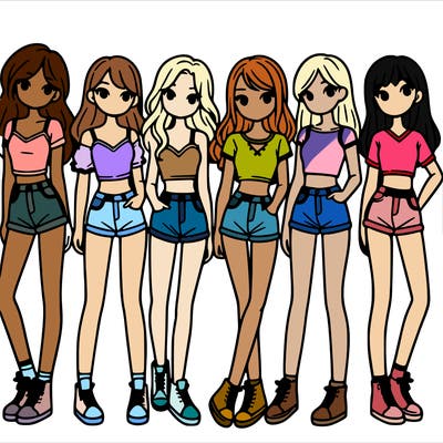 a group of girls wearing crop tops and shorts