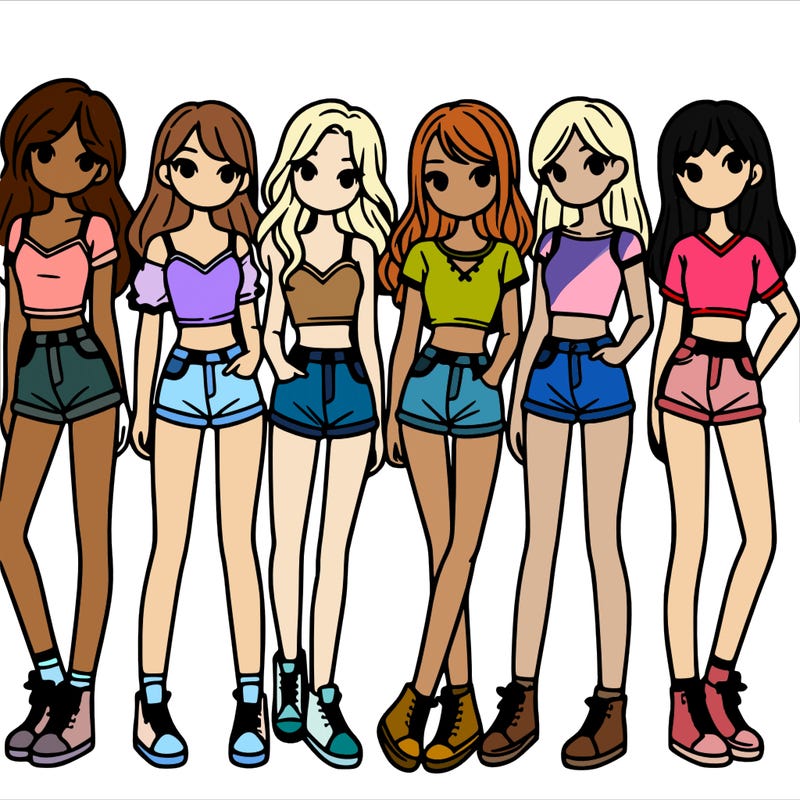a group of girls wearing crop tops and shorts