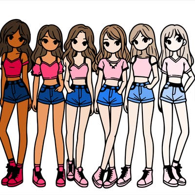 a group of girls wearing crop tops and shorts