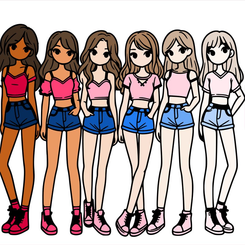 a group of girls wearing crop tops and shorts