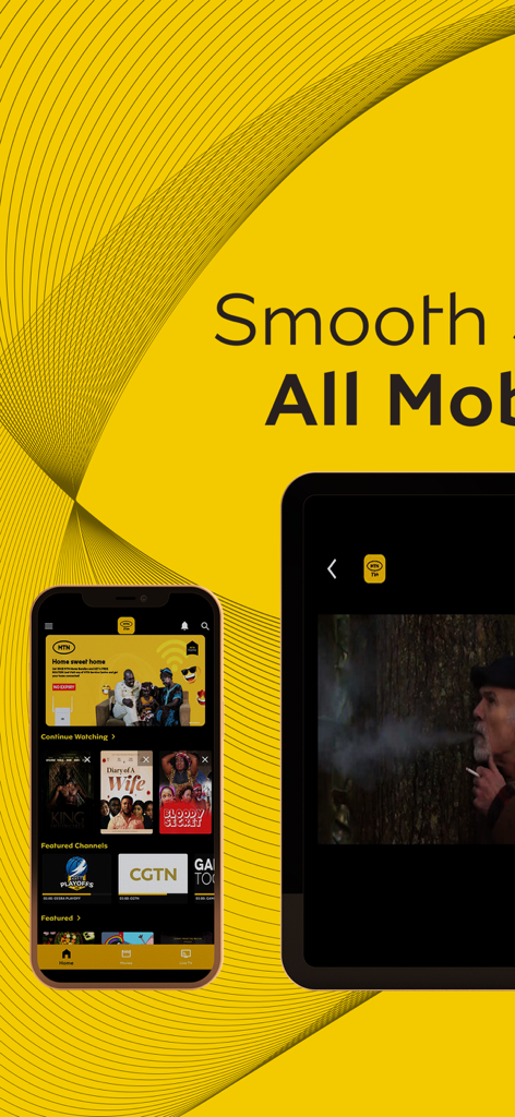 MTN TV+ - 영화 썸네일과 추천 뉴스 채널을 보여주는 스마트폰의 MTN TV 플러스 앱 인터페이스