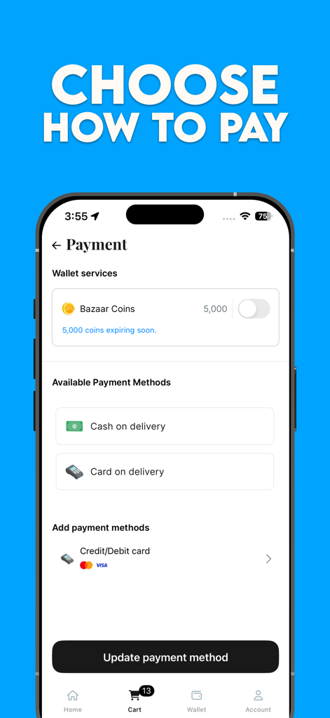 Bazaar app screen showing multiple payment options like digital wallet, cash on delivery, and credit or debit cards