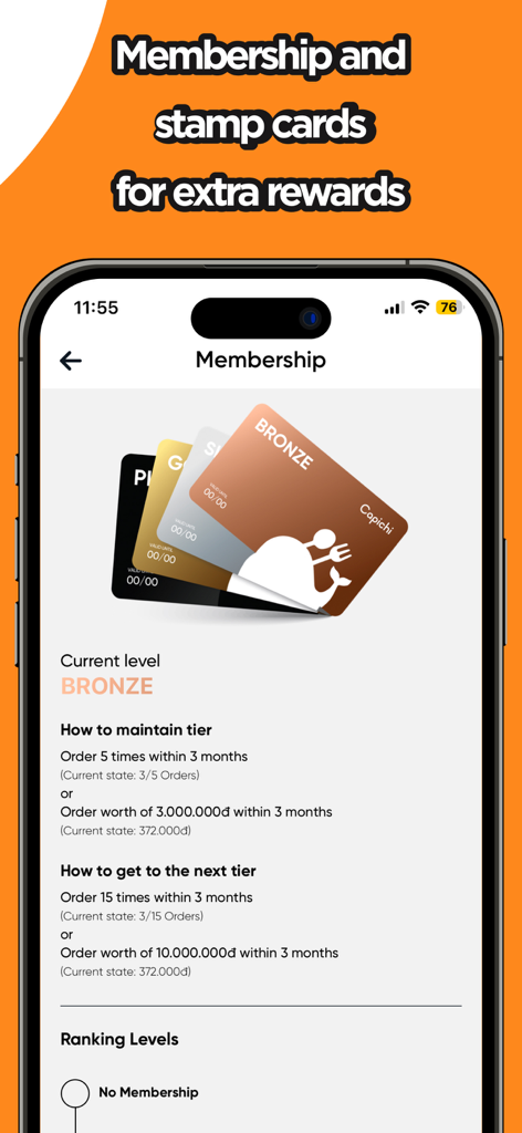 Membership and loyalty rewards screen in the Capichi app showing tier requirements